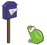 Animierter Cartoon: Der ICOCO-Frosch stiehlt einen Brief aus dem Kasten, liest, fühlt sich ertappt und steckt ihn errötend wieder zurück.
